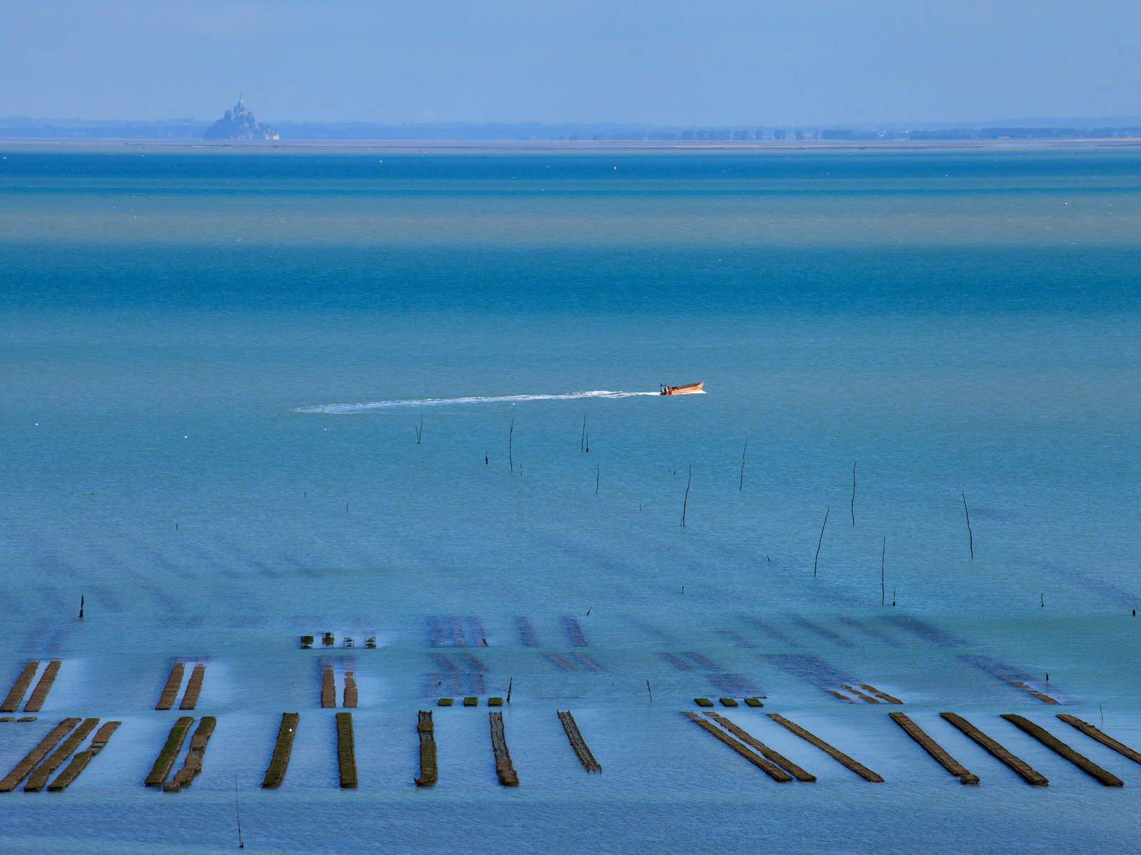 Parcs à huîtres de Cancale avec vue lointaine sur le Mont Saint-Michel